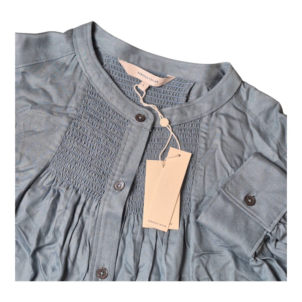 NEW! Rebecca Taylor Long Sleeve‎ Twill Blouse Blue Smocked Women's L